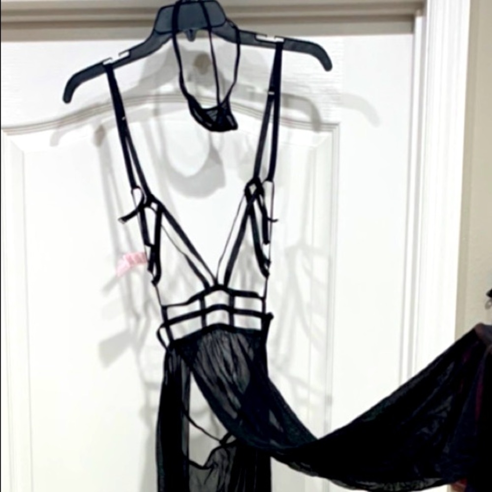 Spaghetti strap black w/side-splits dress w/ thong